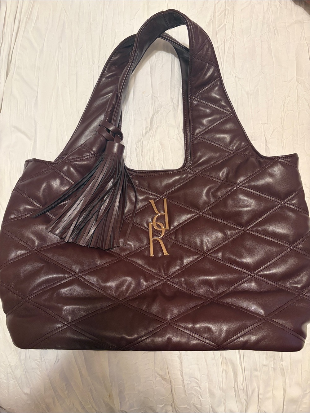 River Island Quilted Maroon Leather Tote with Tassel
